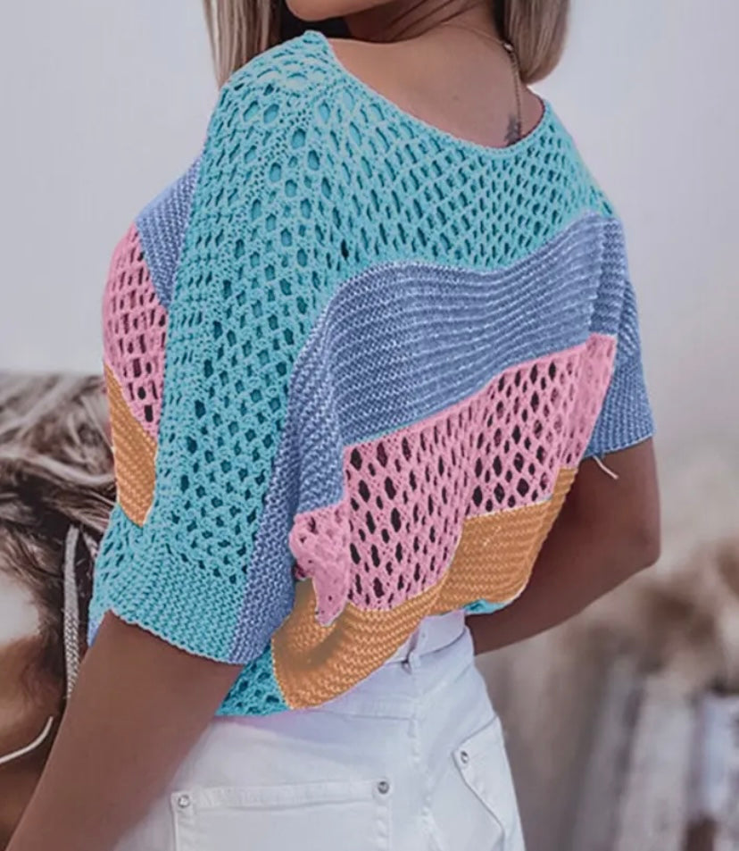 Colorblock Crochet Knit Top