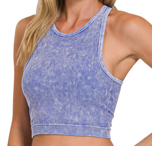 Stone Washed Ribbed Cropped Bra Padded Top