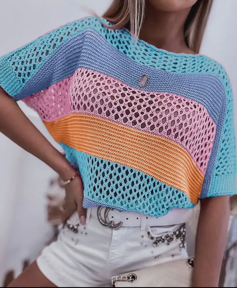 Colorblock Crochet Knit Top