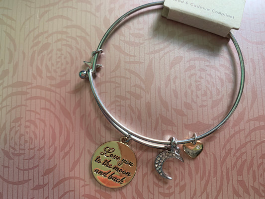 “Love you to the moon and back” dangle charm bracelet