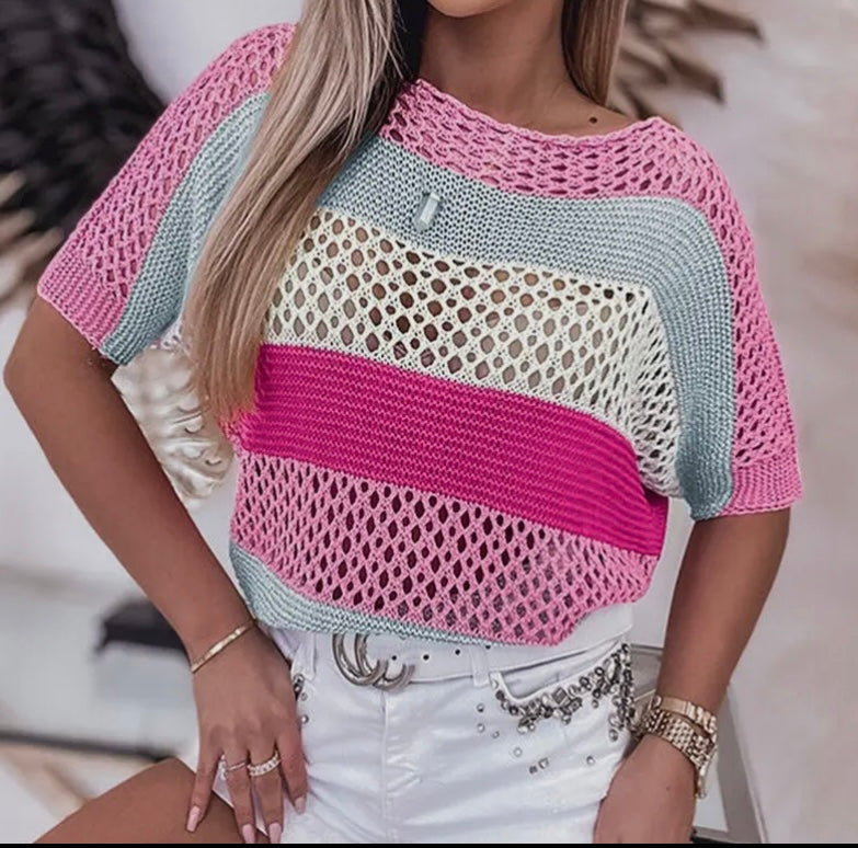 Colorblock Crochet Knit Top