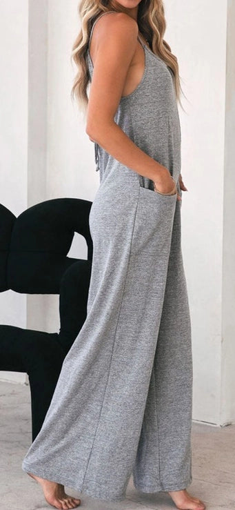 Heather Knit Wide Leg Pocket Jumpsuit