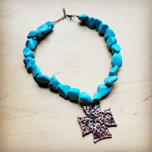 Chunky Blue Turquoise Collar Necklace Cross Pendant