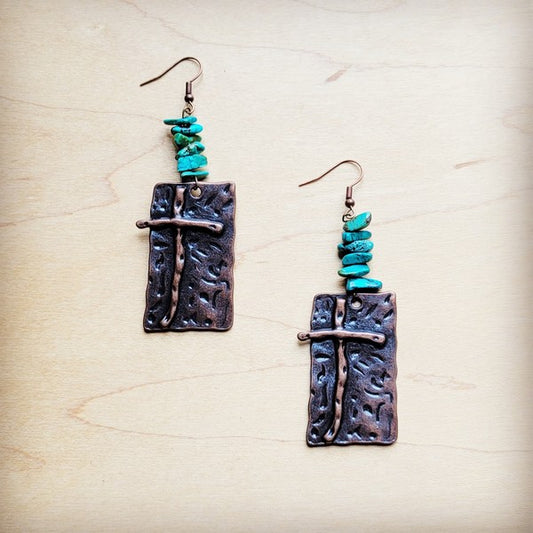 Copper Cross Earrings w/ Natural Turquoise Chunks