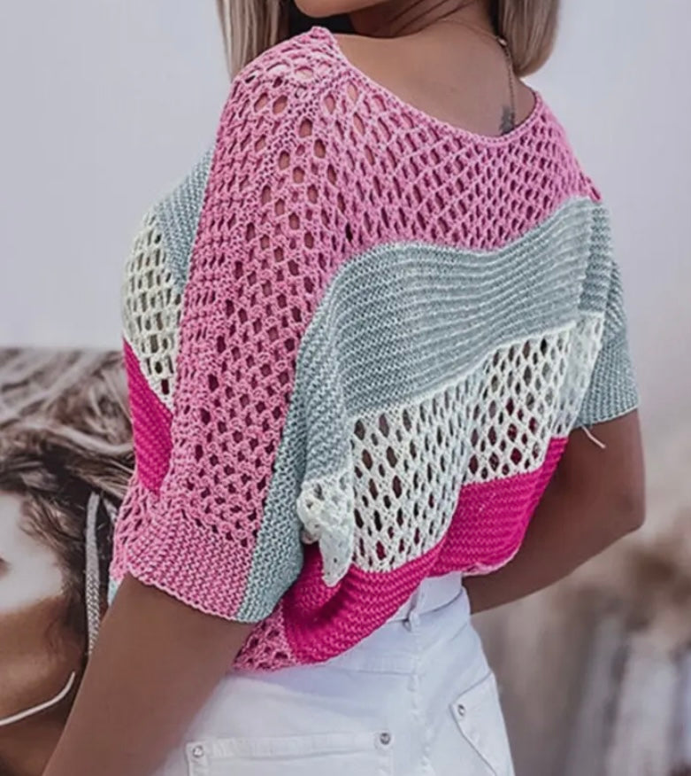 Colorblock Crochet Knit Top
