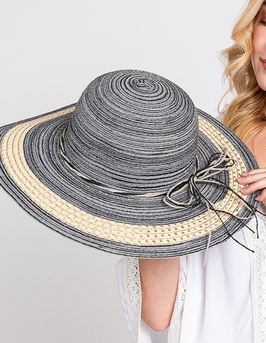 Black Mixed Color Straw Two Toned String Sun Hat