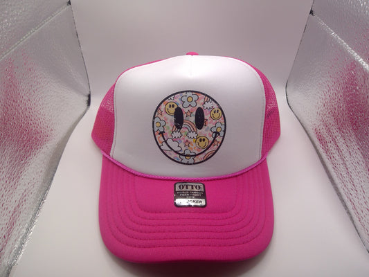 Rainbow Smiley Face Trucker Hat Pink