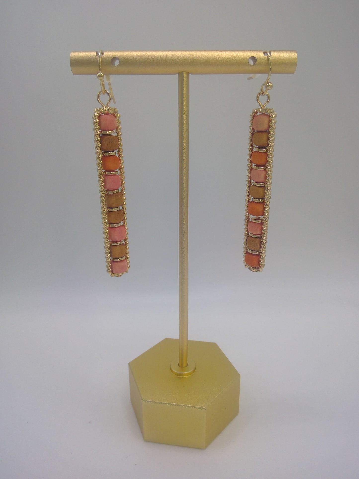 Wood Bar Shaped Mixed Bead Earrings