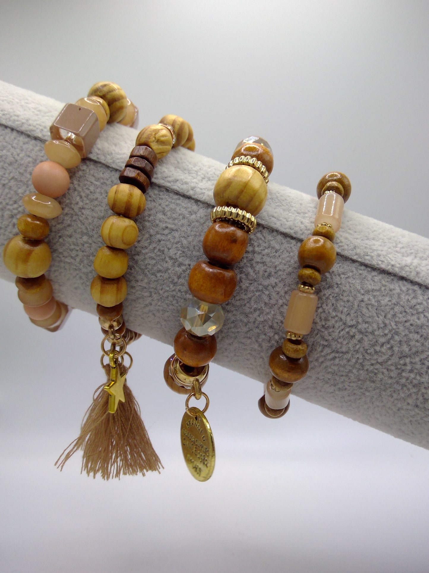 4 pc Stretchable Wooden and Stone Bracelet Set