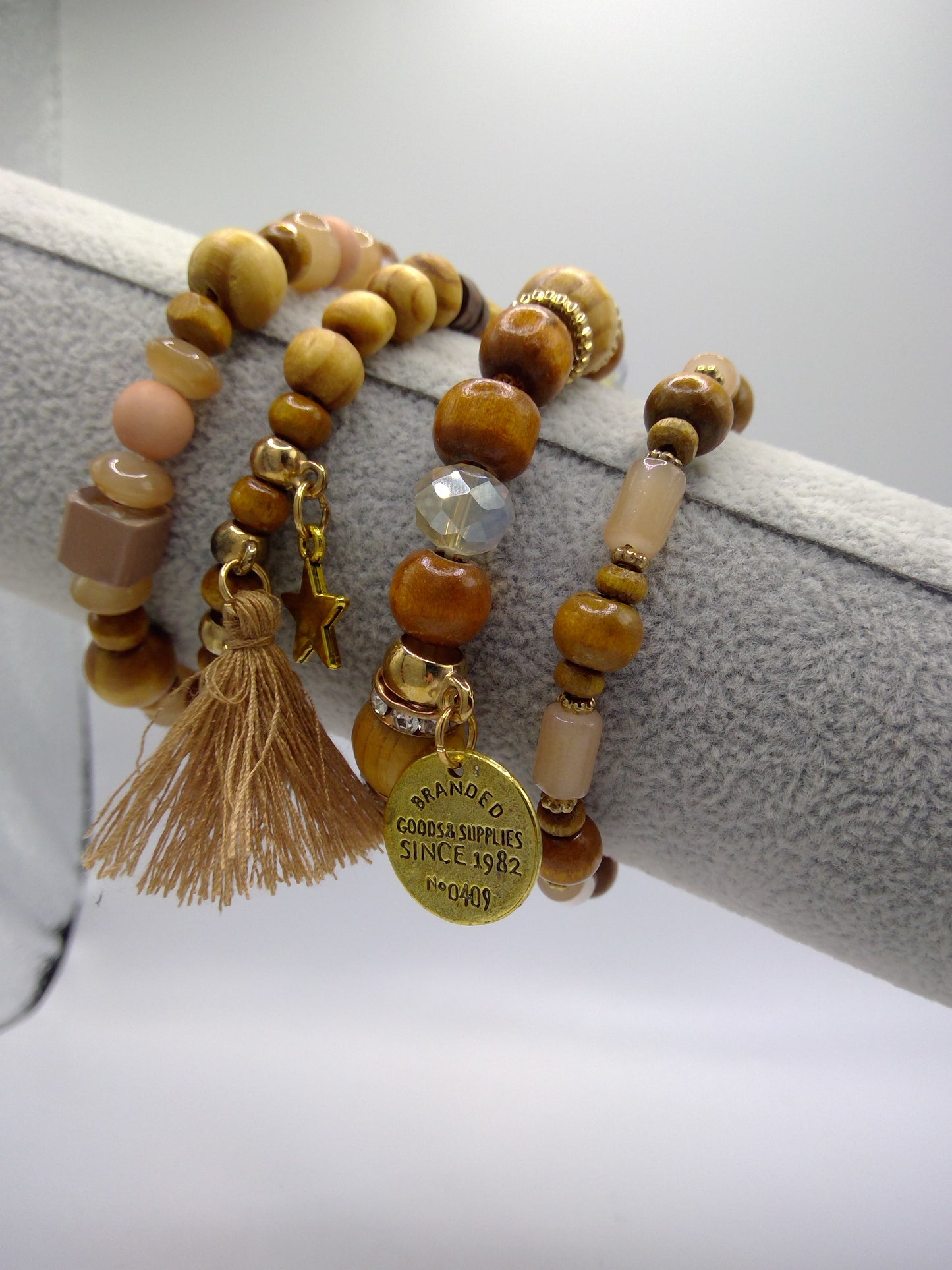 4 pc Stretchable Wooden and Stone Bracelet Set