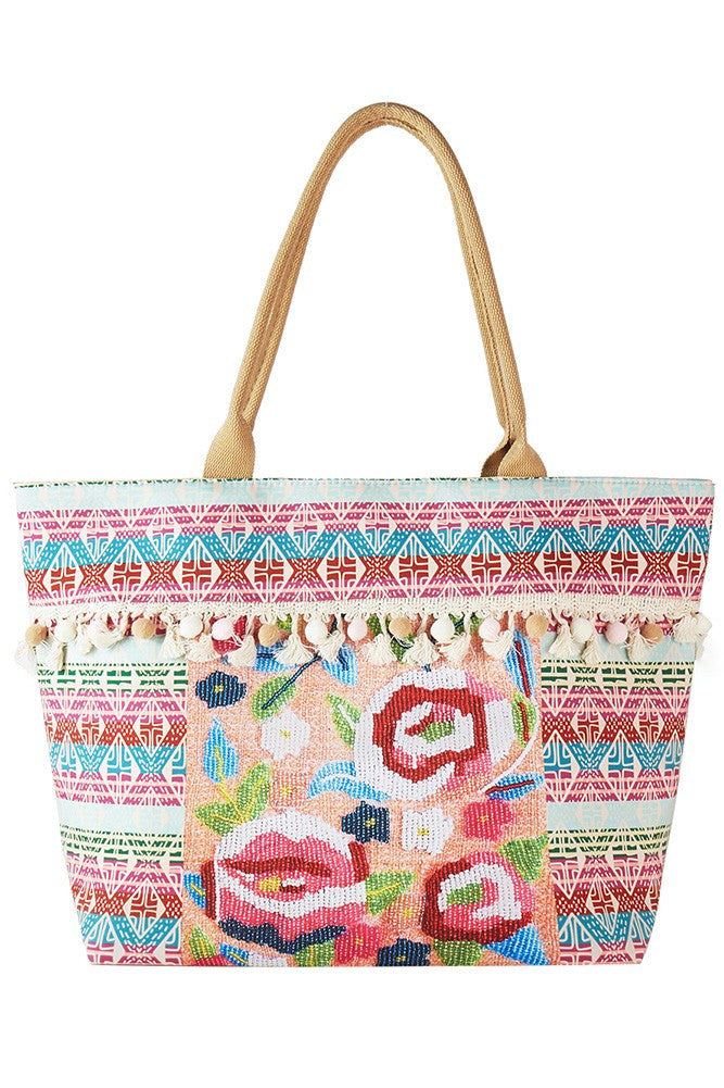 Boho Flower Print Tassels Summer Tote