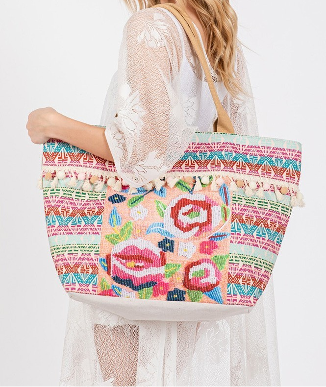 Boho Flower Print Tassels Summer Tote