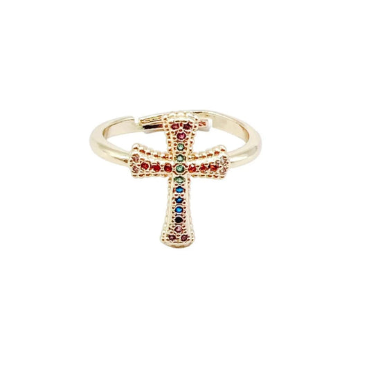 Multi Colored Crystal Cross Adjustable Gold Ring