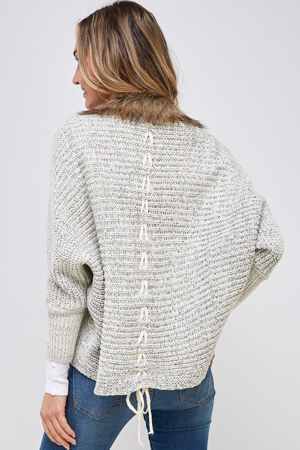Sweater Cardigan with Faux Fur Trim Grey Marble