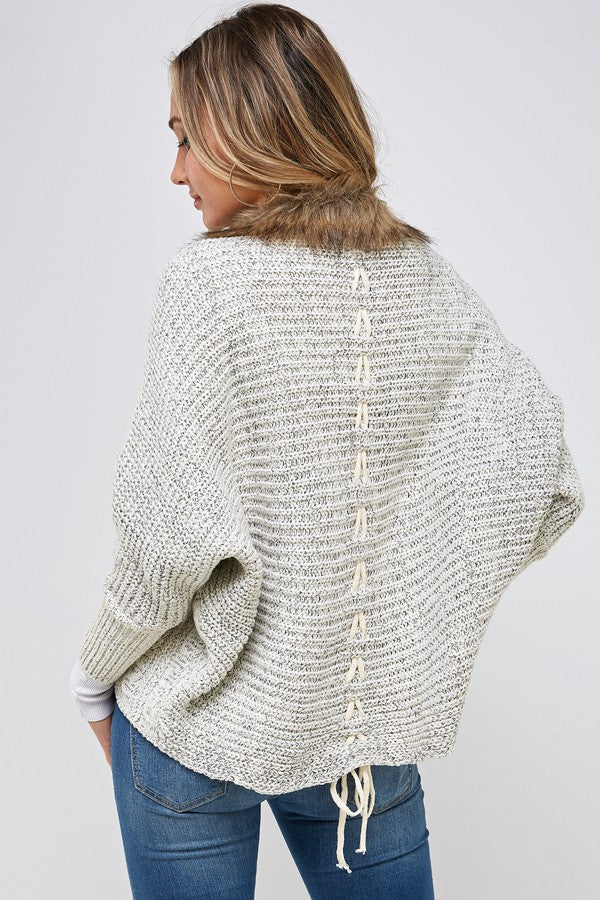 Sweater Cardigan with Faux Fur Trim Grey Marble