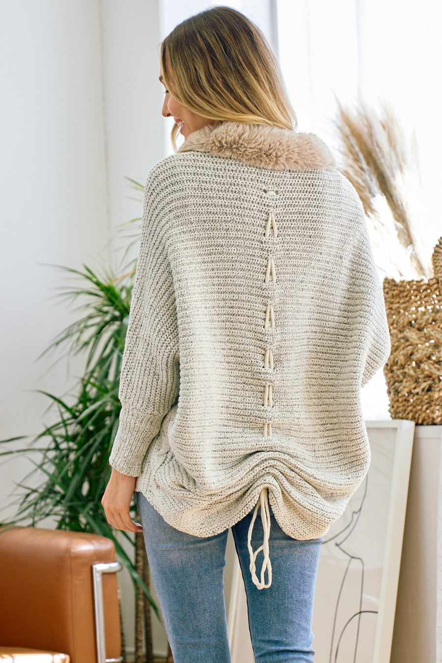Sweater Cardigan with Faux Fur Trimmed Neck