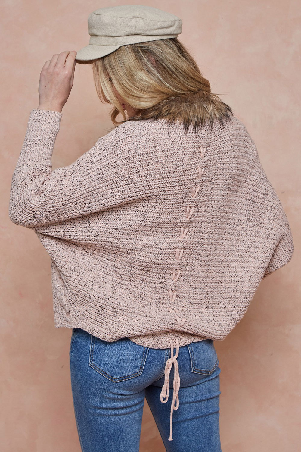 Sweater Cardigan with Faux Fur Trim Pink Marble