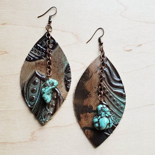 Oval w/ Turquoise Drop in Turquoise Feather Earrings