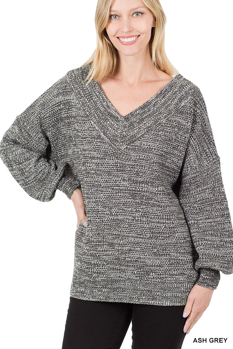 Ash Grey V Neck Sweater with Balloon Sleeve