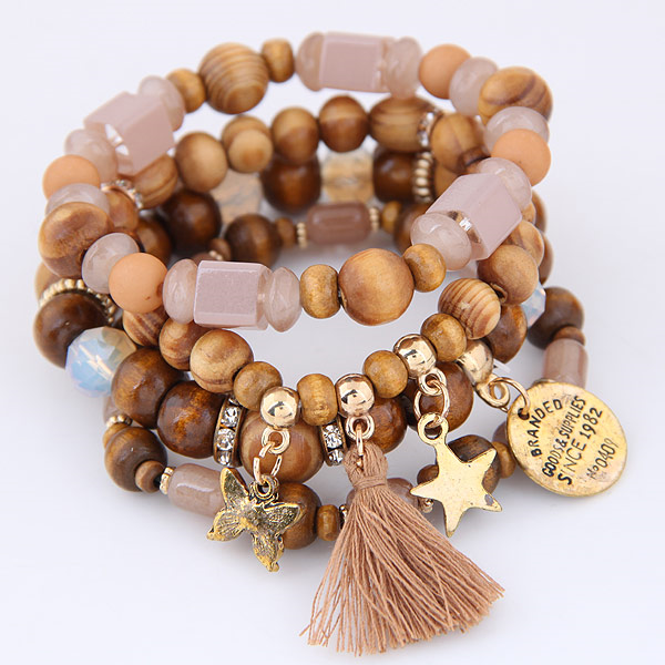 4 pc Stretchable Wooden and Stone Bracelet Set