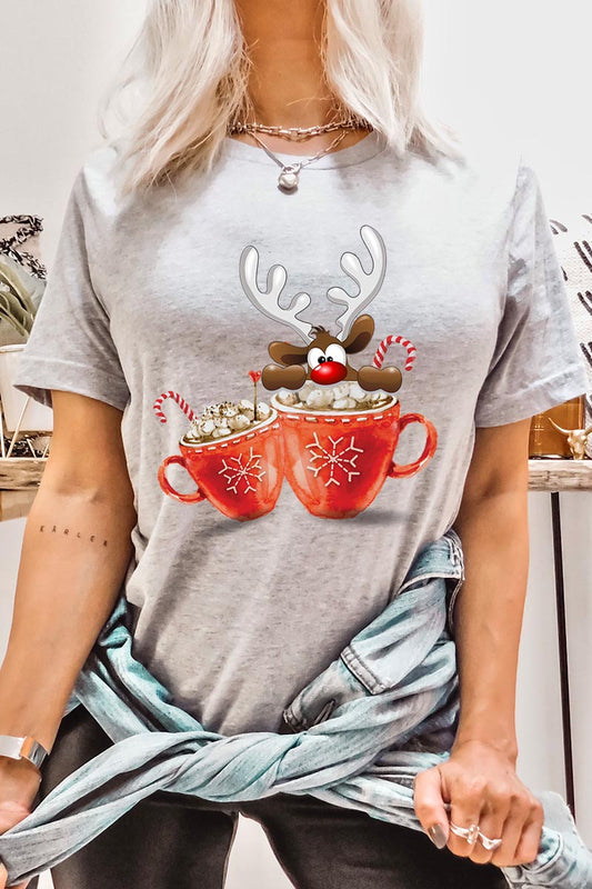 Hot Chocolate Reindeer Christmas Short Sleeve Top