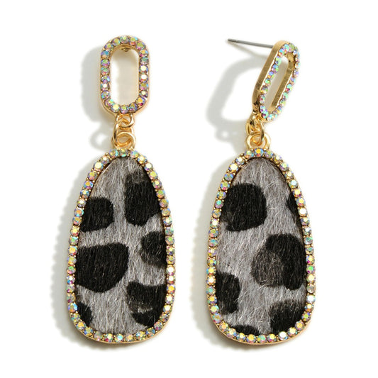 Rhinestone Teardrop Grey Leopard Earrings