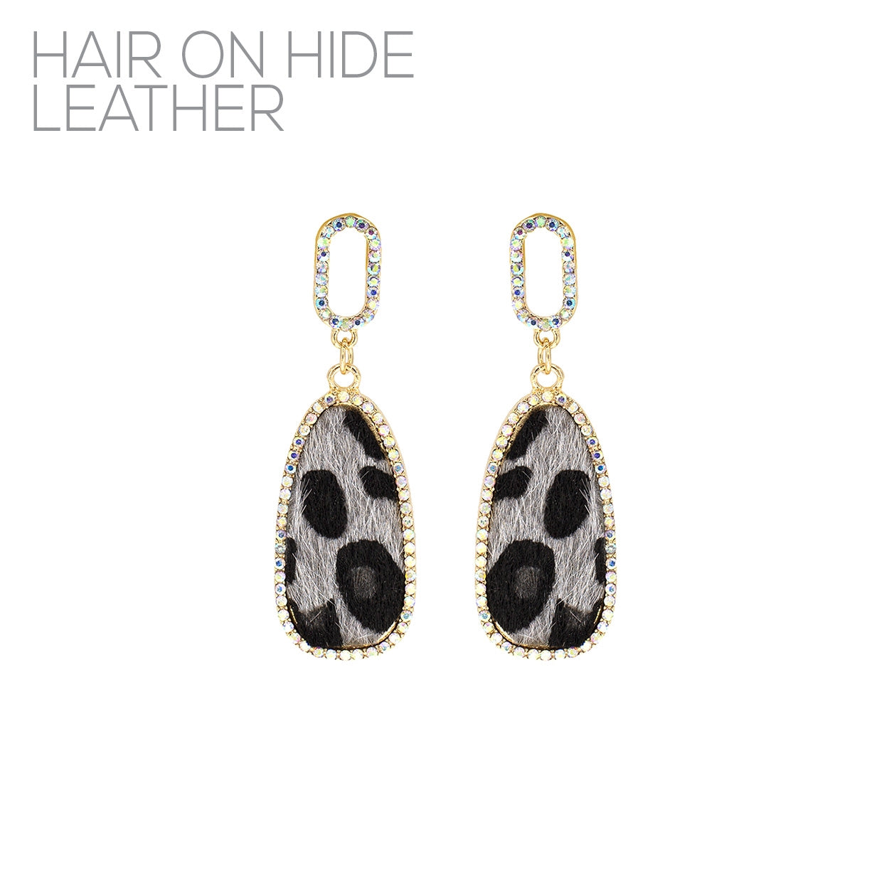 Rhinestone Teardrop Grey Leopard Earrings